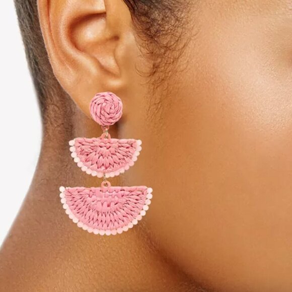 On 34th Raffia Drop Earrings Gold Tone Stone Bead & Woven NWT - Picture 2 of 2